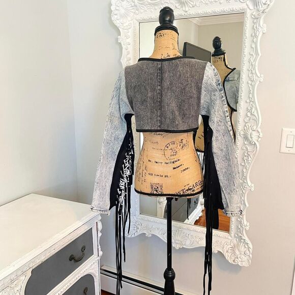 SALE New York Couture Handmade Reworked 80’s Jeans Fringe Cropped Jacket - Picture 6 of 7